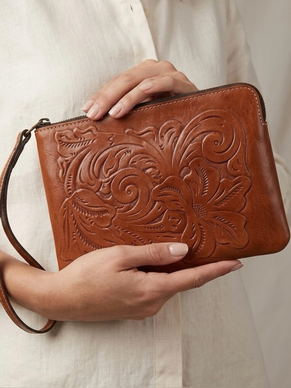 Patricia Nash Cassini Tooled Leather Wristlet Pouch in Florence Brown